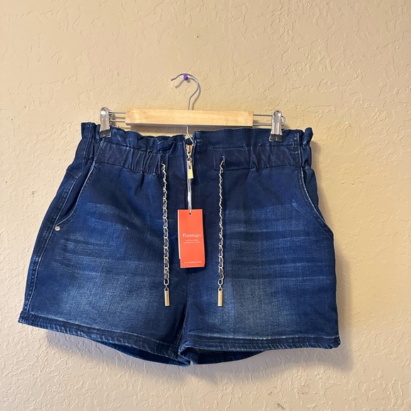 Flamingo  Dark Blue Jean Shorts with Golden Chain Drawstring - Picture 2 of 8